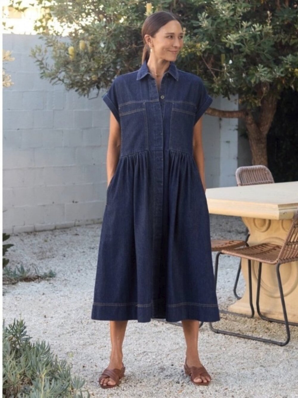 MAYE Harper Denim Midi Shirtdress Indigo Blue Size XL Pocket Shirt Dress